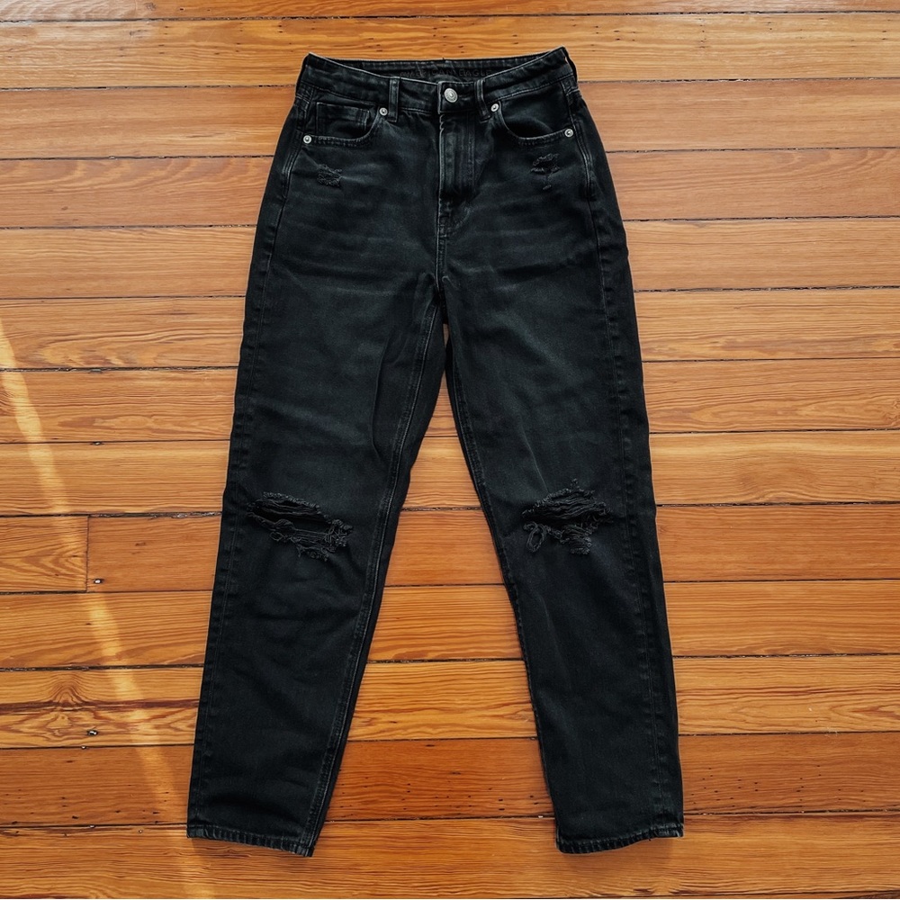 American Eagle Regular High Rise Straight Leg Distressed Denim Black Jeans